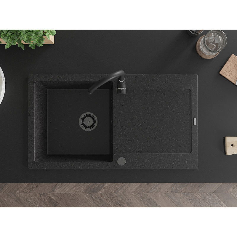 Mexen Leo granitový dřez 1-komorový s odkapávačem 900 x 500 mm, černý/stříbrný metalik, černý sifon - 6501901010-73-B