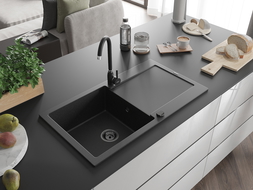 Mexen Leo granitový dřez 1-komorový s odkapávačem 900 x 500 mm, černý/stříbrný metalik, černý sifon - 6501901010-73-B