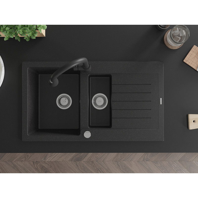 Mexen Matias žulový dřez 1,5komorový s odkapávačem 900 x 505 mm, černý/stříbrný metalický, sifon chrom - 6502901505-73