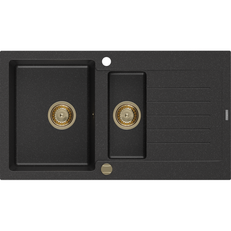 Mexen Matias granitový dřez 1,5-komorový s odkapávačem 900 x 505 mm, černý/stříbrný metalický, sifon zlatý - 6502901505-73-G