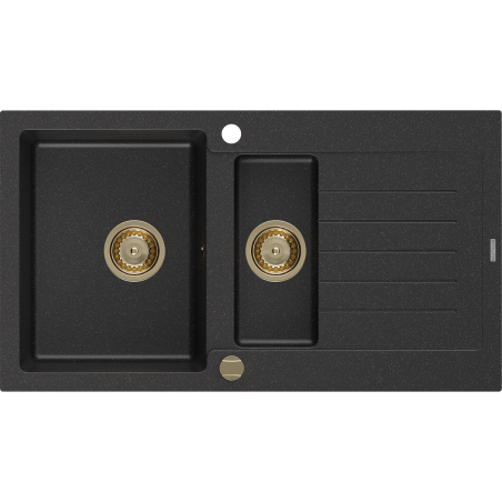 Mexen Matias granitový dřez 1,5-komorový s odkapávačem 900 x 505 mm, černý/stříbrný metalický, sifon zlatý - 6502901505-73-G