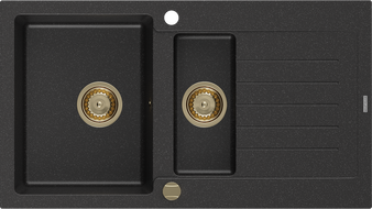 Mexen Matias granitový dřez 1,5-komorový s odkapávačem 900 x 505 mm, černý/stříbrný metalický, sifon zlatý - 6502901505-73-G