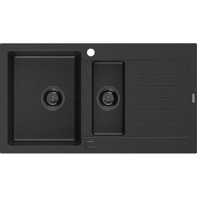 Mexen Matias dřez granitový 1,5-komorový s odkapávačem 900 x 505 mm černý/stříbrný metalický, sifon černý - 6502901505-73-B