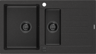 Mexen Matias dřez granitový 1,5-komorový s odkapávačem 900 x 505 mm černý/stříbrný metalický, sifon černý - 6502901505-73-B