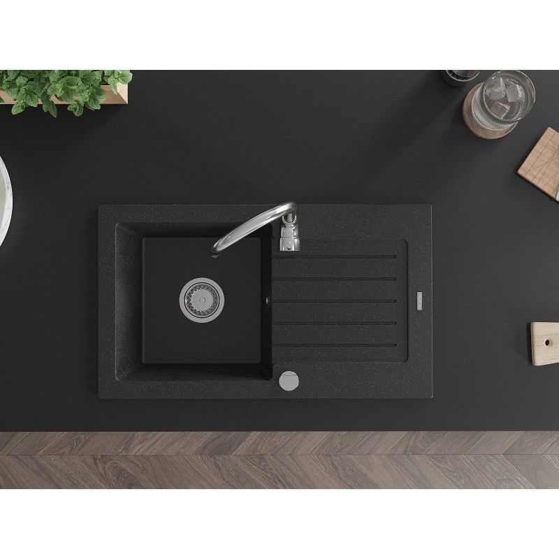 Mexen Pablo žulový dřez 1-komorový s odkapávačem 752 x 436 mm, černý/stříbrný metalický, sifon chrom - 6510751010-73