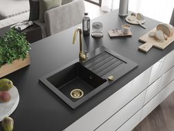 Mexen Pablo dřez granitový 1-komorový s odkapávačem 752 x 436 mm, černý/stříbrný metalic, sifon zlatý - 6510751010-73-G