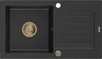 Mexen Pablo dřez granitový 1-komorový s odkapávačem 752 x 436 mm, černý/stříbrný metalic, sifon zlatý - 6510751010-73-G