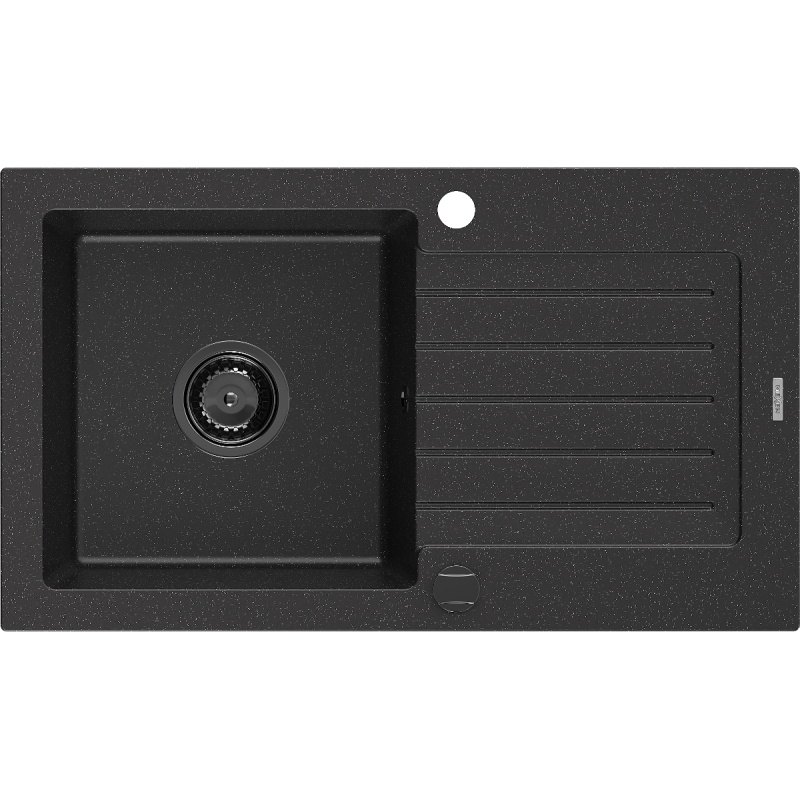 Mexen Pablo granitový dřez s 1 komorou a odkapávačem 752 x 436 mm, černý/stříbrný metalický, černý sifon - 6510751010-73-B