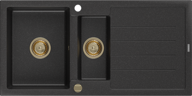 Mexen Andres granitový dřez 1,5-komorový s odkapávačem 1000 x 500 mm černý/stříbrný metalik, sifon zlatý - 6515101510-73-G