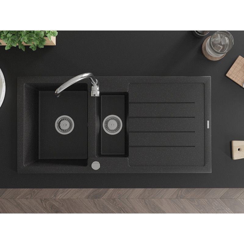Mexen Andres granitový dřez 1,5-komorový s odkapávačem 1000 x 500 mm, černý/stříbrný metalik, sifon chrom - 6515101510-73