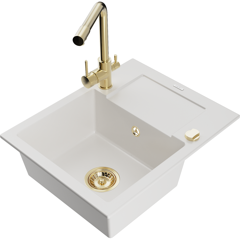 Mexen Enzo granitový dřez s odkapávačem a kuchyňskou baterií Duero, bílý - 6506-20-671600-50