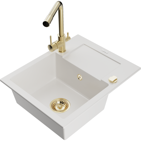 Mexen Enzo granitový dřez s odkapávačem a kuchyňskou baterií Duero, bílý - 6506-20-671600-50