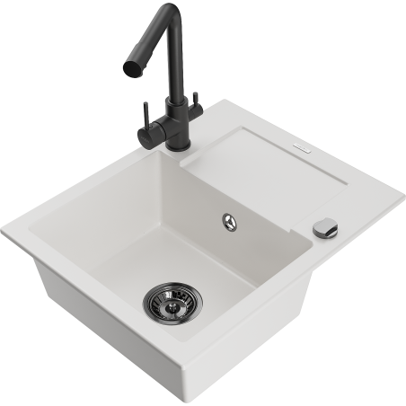 Mexen Enzo granitový dřez s odkapávačem a kuchyňskou baterií Duero, bílá - 6506-20-671600-70