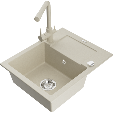 Mexen Enzo granitový dřez 1-komorový s odkapávačem a kuchyňskou baterií Duero, béžový - 6506-69-671600-69