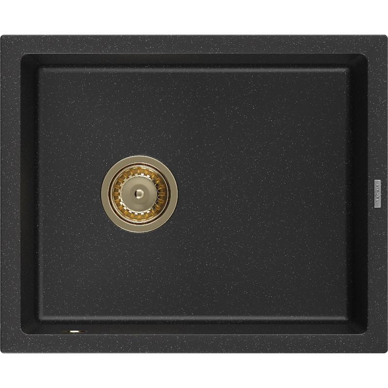 Mexen Pedro granitový dřez 1-komorový 560 x 460 mm, černý/stříbrný metalik, zlatý sifon - 6508561000-73-G