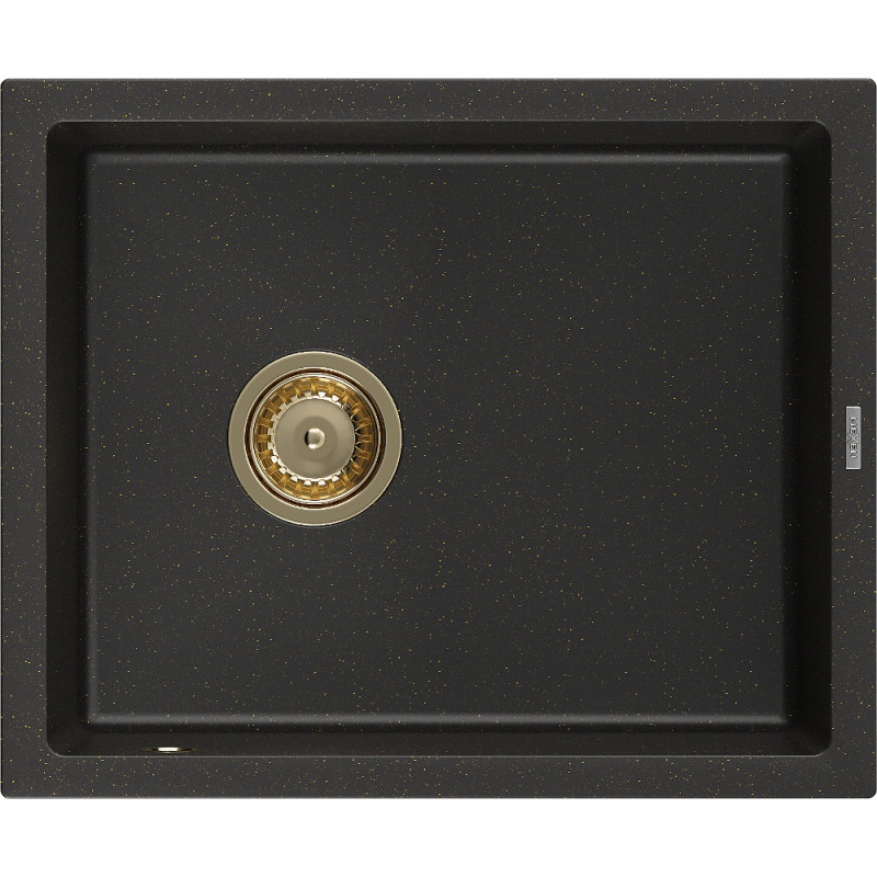 Mexen Pedro granitový dřez 1-komorový 560 x 460 mm, černý/zlatý metalický, sifon zlatý - 6508561000-75-G