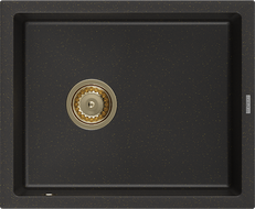 Mexen Pedro žulový kuchyňský dřez 1-komorový 560 x 460 mm, černý/zlatý metalický, sifon zlatý - 6508561000-75-G
