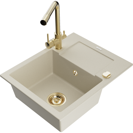 Mexen Enzo granitový dřez s 1 komorou a odkapávačem a kuchyňskou baterií Duero, béžový - 6506-69-671600-50