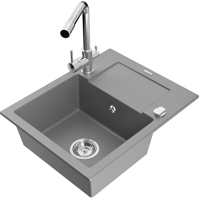 Mexen Enzo granitový dřez s odkapávačem a kuchyňskou baterií Duero, šedý - 6506-71-671600-00