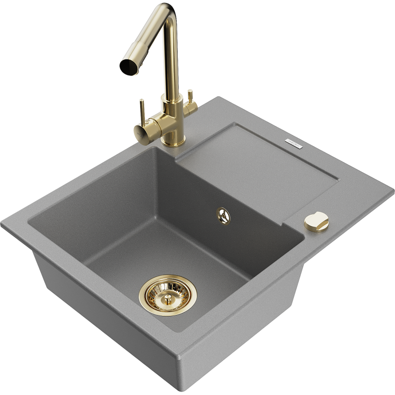 Mexen Enzo granitový dřez s 1 komorou a odkapávačem a kuchyňskou baterií Duero, šedý - 6506-71-671600-50
