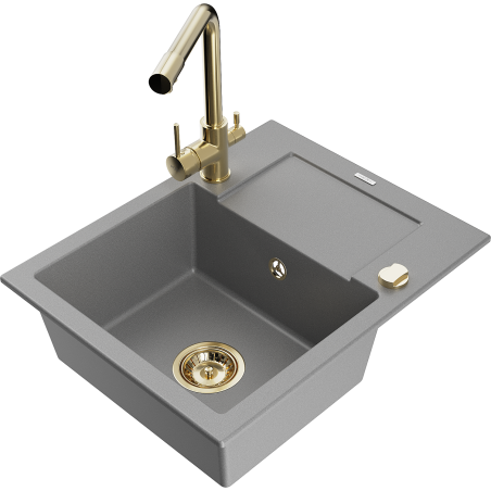 Mexen Enzo granitový dřez s 1 komorou a odkapávačem a kuchyňskou baterií Duero, šedý - 6506-71-671600-50