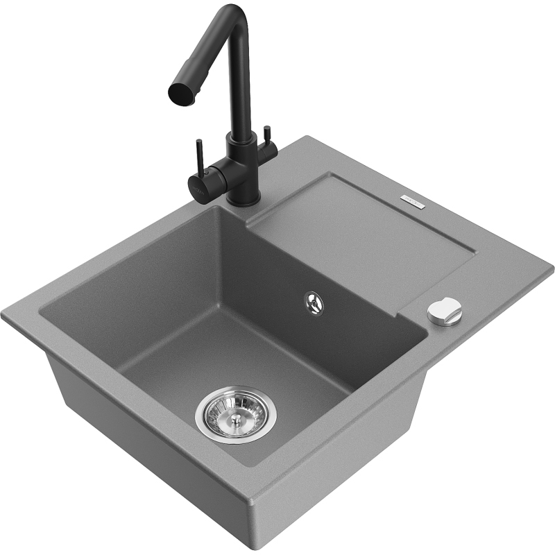 Mexen Enzo jednokomorový granitový dřez s odkapávačem a kuchyňskou baterií Duero, šedý - 6506-71-671600-70
