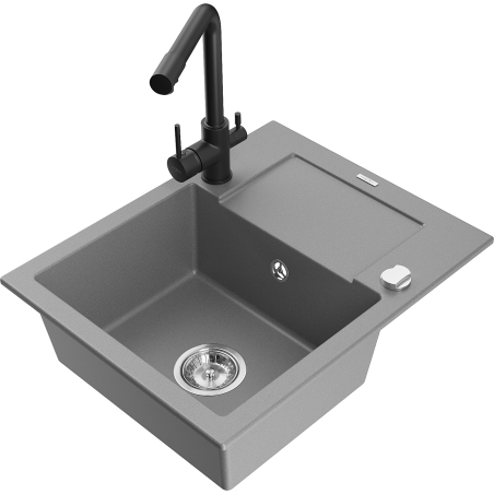 Mexen Enzo jednokomorový granitový dřez s odkapávačem a kuchyňskou baterií Duero, šedý - 6506-71-671600-70