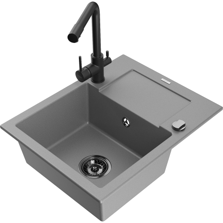 Mexen Enzo dřez granitový 1-komorový s odkapávačem a kuchyňskou baterií Duero, šedý - 6506-71-671600-70-B