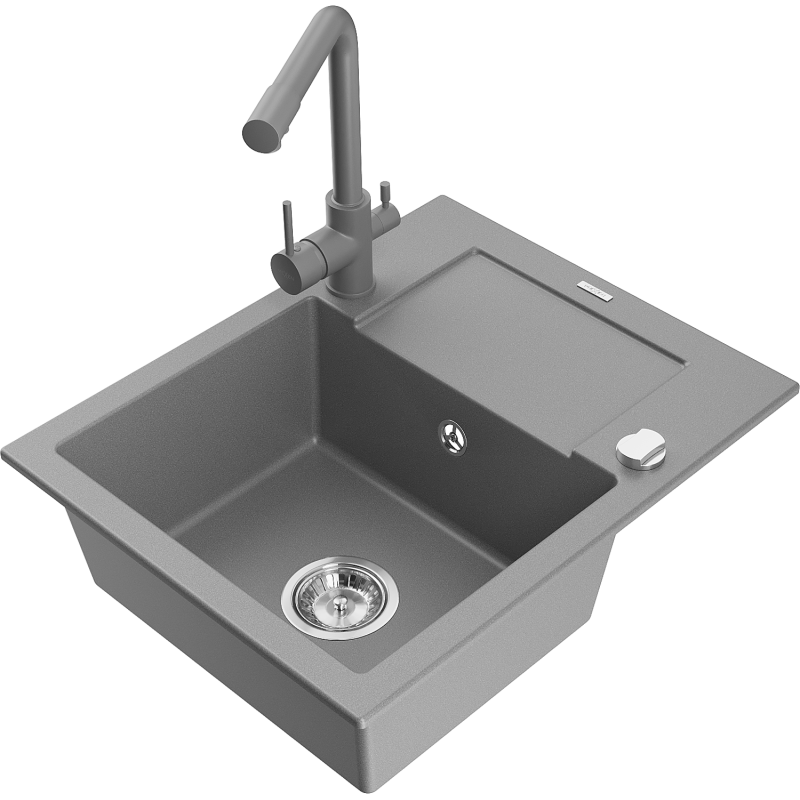 Mexen Enzo granitový dřez 1-komorový s odkapávačem a kuchyňskou baterií Duero, šedý - 6506-71-671600-71
