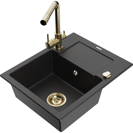 Mexen Enzo granitový dřez 1-komorový s odkapávačem a kuchyňskou baterií Duero, černý/stříbrný metalik - 6506-73-671600-50