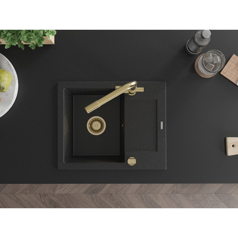 Mexen Enzo granitový dřez 1-komorový s odkapávačem a kuchyňskou baterií Duero, černý/stříbrný metalik - 6506-73-671600-50