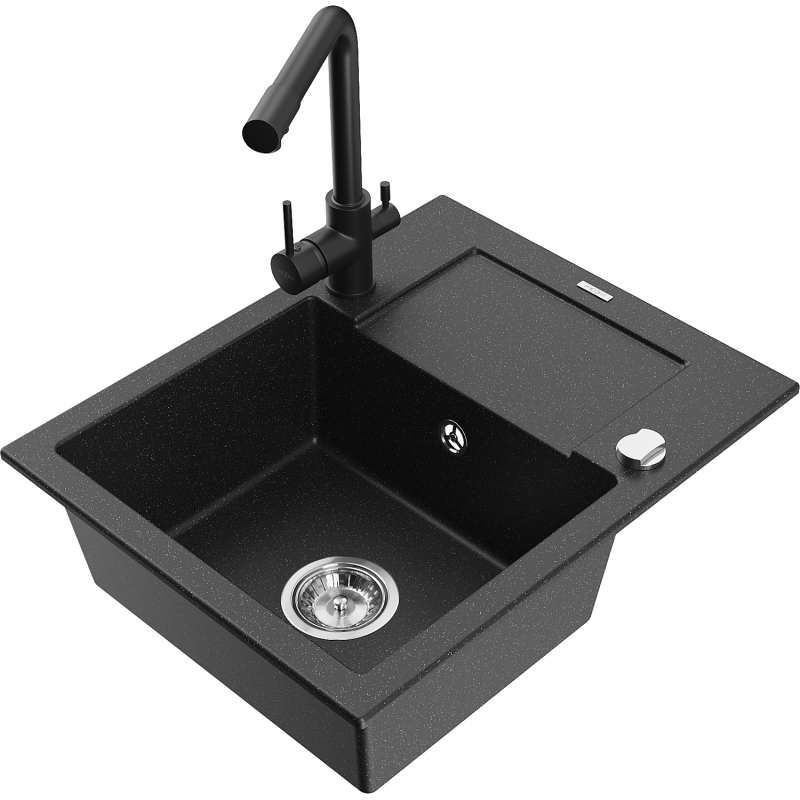 Mexen Enzo dřez granitový 1-komorový s odkapávačem a kuchyňskou baterií Duero, černý/stříbrný metalický - 6506-73-671600-70