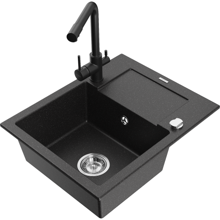 Mexen Enzo dřez granitový 1-komorový s odkapávačem a kuchyňskou baterií Duero, černý/stříbrný metalický - 6506-73-671600-70