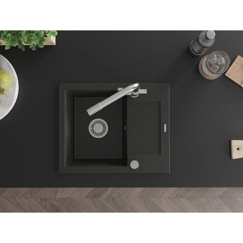 Mexen Enzo granitový kuchyňský dřez s 1 komorou s odkapávačem a kuchyňskou baterií Duero, černý/zlatý metalický