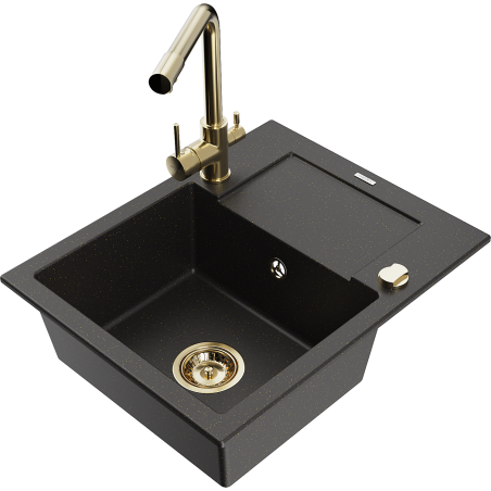 Mexen Enzo granitový dřez s 1 komorou a odkapávačem a kuchyňskou baterií Duero, černý/zlatý metalik - 6506-75-671600-50