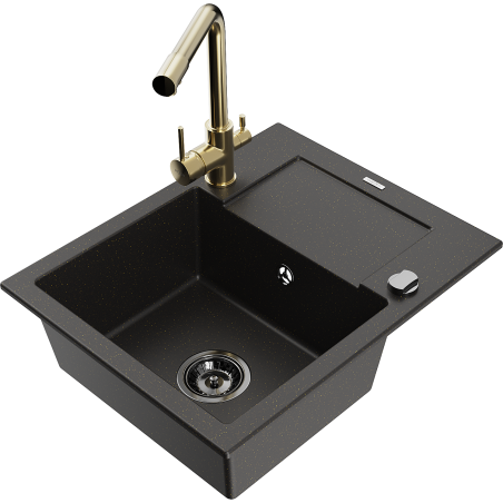 Mexen Enzo granitový dřez jednodřez s odkapávačem a kuchyňskou baterií Duero, černý/zlatý metalik - 6506-75-671600-50-B