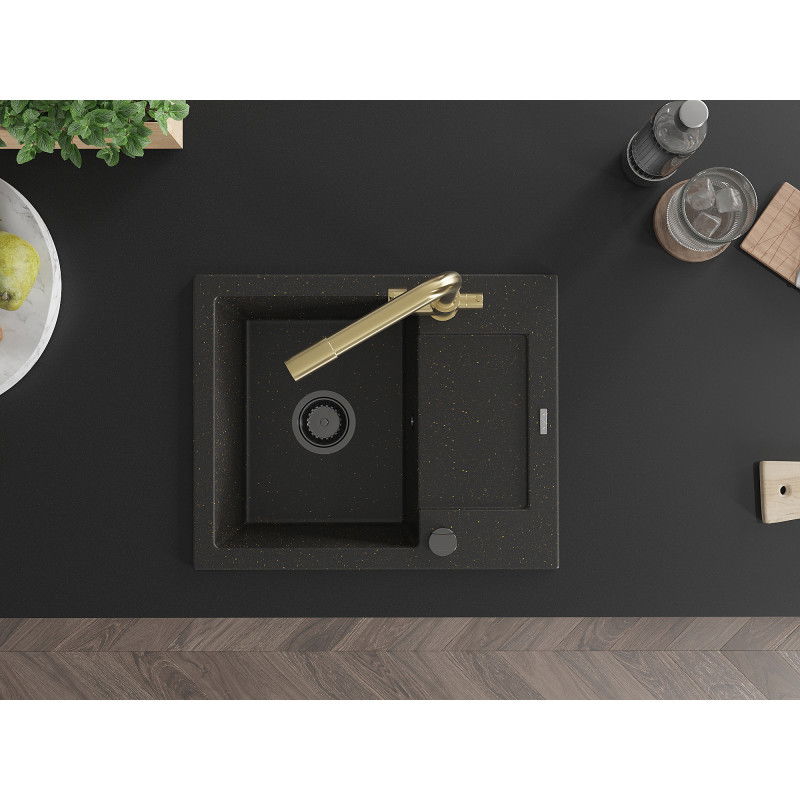 Mexen Enzo granitový dřez jednodřez s odkapávačem a kuchyňskou baterií Duero, černý/zlatý metalik - 6506-75-671600-50-B