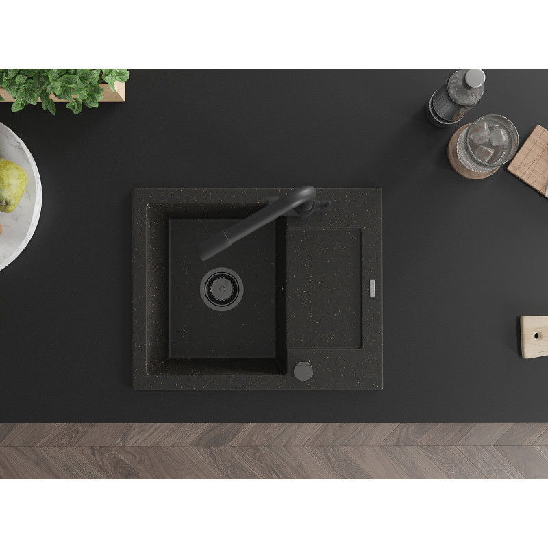 Mexen Enzo granitový dřez 1-komorový s odkapávačem a kuchyňskou baterií Duero, černý/zlatý metalik - 6506-75-671600-70-B