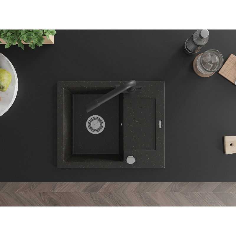 Mexen Enzo granitový dřez 1-komorový s odkapávačem a kuchyňskou baterií Duero, černý/zlatý metalický - 6506-75-671600-70