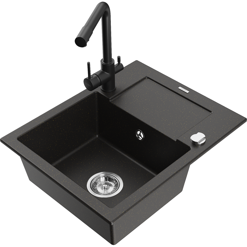 Mexen Enzo granitový dřez 1-komorový s odkapávačem a kuchyňskou baterií Duero, černý/zlatý metalický - 6506-75-671600-70