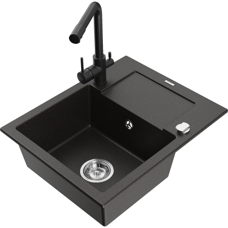Mexen Enzo granitový dřez 1-komorový s odkapávačem a kuchyňskou baterií Duero, černý/zlatý metalický - 6506-75-671600-70