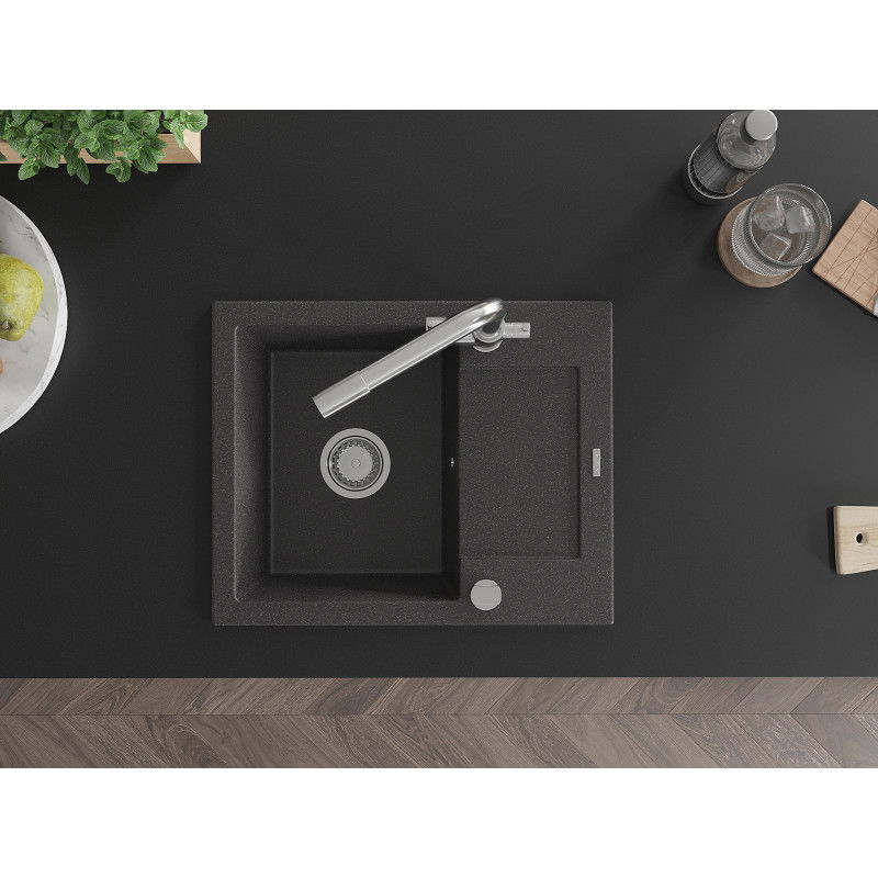 Mexen Enzo granitový dřez 1-komorový s odkapávačem a kuchyňskou baterií Duero, černý skvrnitý - 6506-76-671600-00