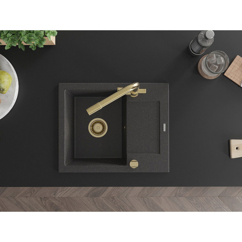Mexen Enzo granitový dřez 1-komorový s odkapávačem a kuchyňskou baterií Duero, černý skvrnitý - 6506-76-671600-50