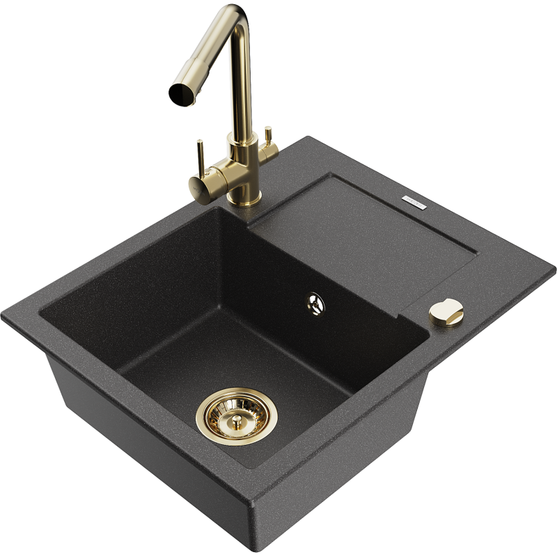 Mexen Enzo granitový dřez 1-komorový s odkapávačem a kuchyňskou baterií Duero, černý skvrnitý - 6506-76-671600-50