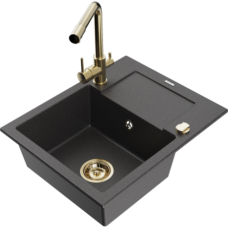 Mexen Enzo granitový dřez 1-komorový s odkapávačem a kuchyňskou baterií Duero, černý skvrnitý - 6506-76-671600-50