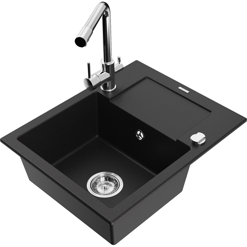 Mexen Enzo granitový dřez s odkapávačem a kuchyňskou baterií Duero, černý - 6506-77-671600-00