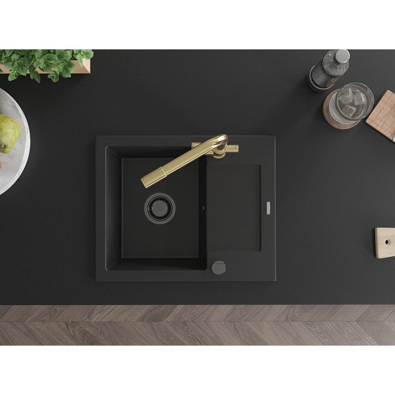 Mexen Enzo granitový dřez 1-komorový s odkapávačem a kuchyňskou baterií Duero, černý - 6506-77-671600-50-B