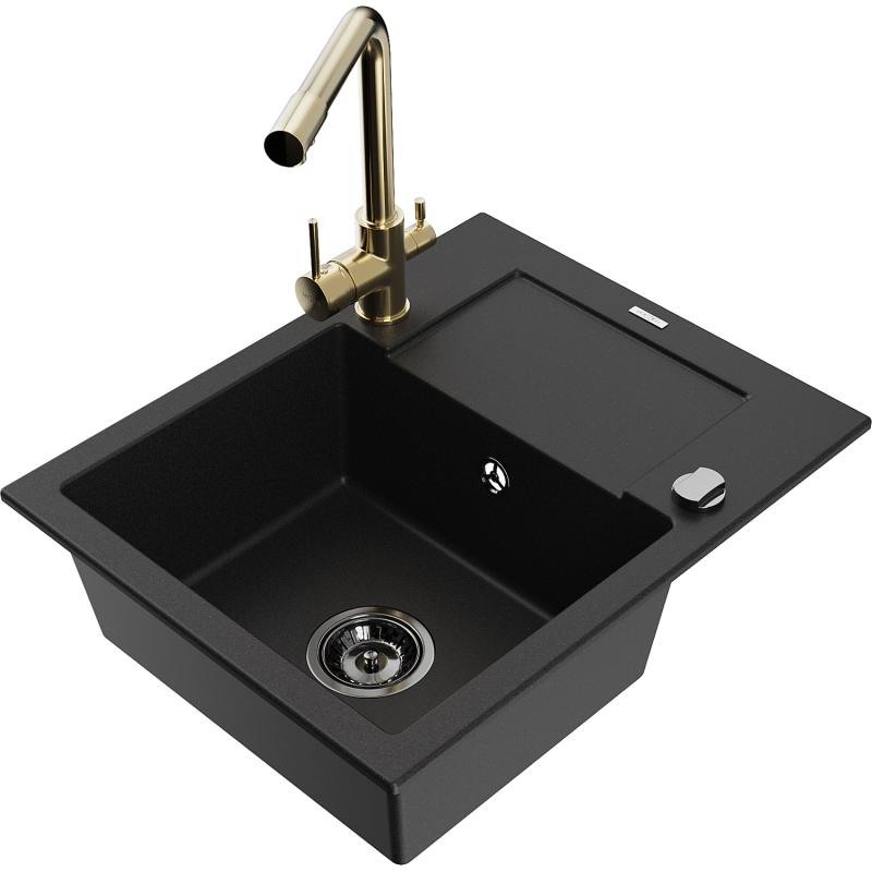Mexen Enzo granitový dřez 1-komorový s odkapávačem a kuchyňskou baterií Duero, černý - 6506-77-671600-50-B