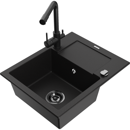 Mexen Enzo jednokomorový granitový dřez s odkapávačem a kuchyňskou baterií Duero, černý - 6506-77-671600-70-B