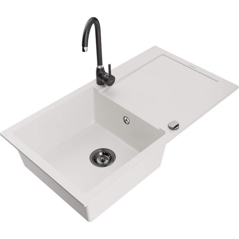 Mexen Leo jednokomorový žulový dřez s odkapávačem a kuchyňskou baterií Telma, bílý - 6501-20-670200-70